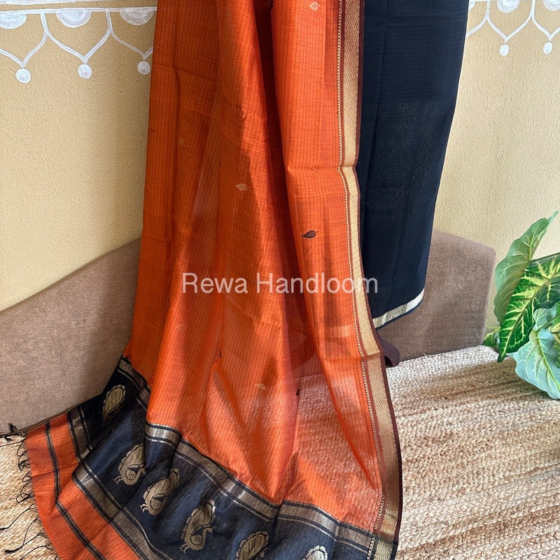 Maheshwari Black-Rust Peacock Buta-Buti Top-Dupatta Set BTP0270