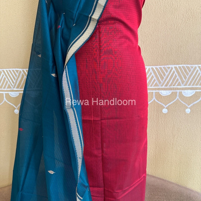 Maheshwari Red-Rama Green Peacock Buta-Buti Top-Dupatta Set BTP0236