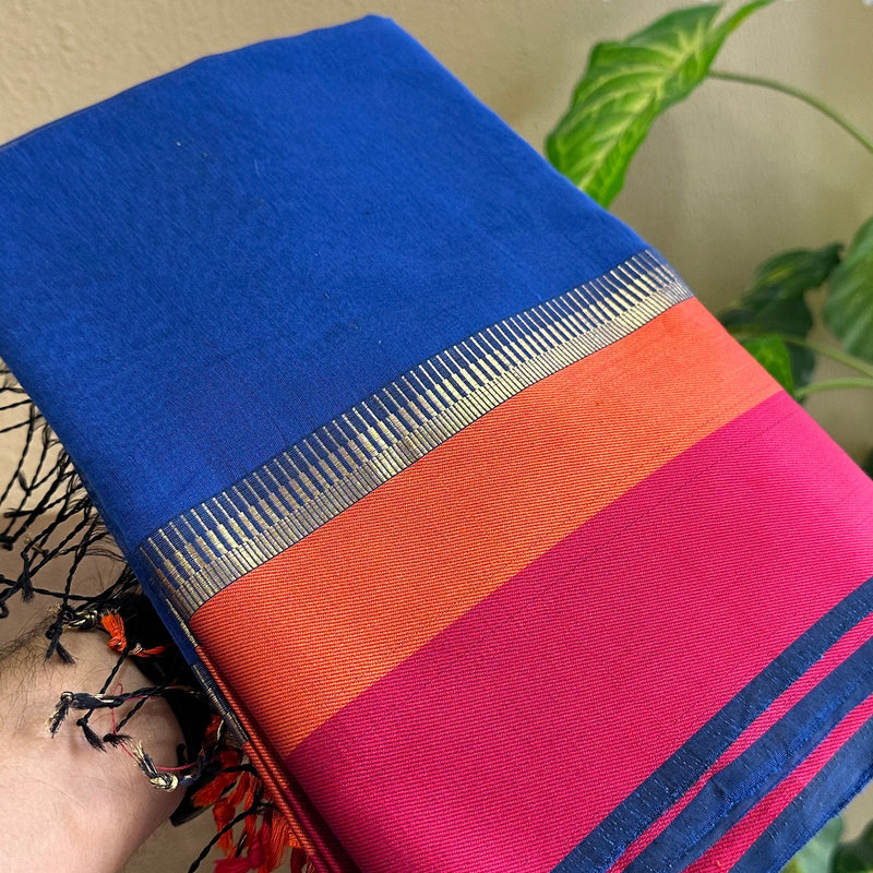 Maheshwari Royal Blue Multicolor Border Saree