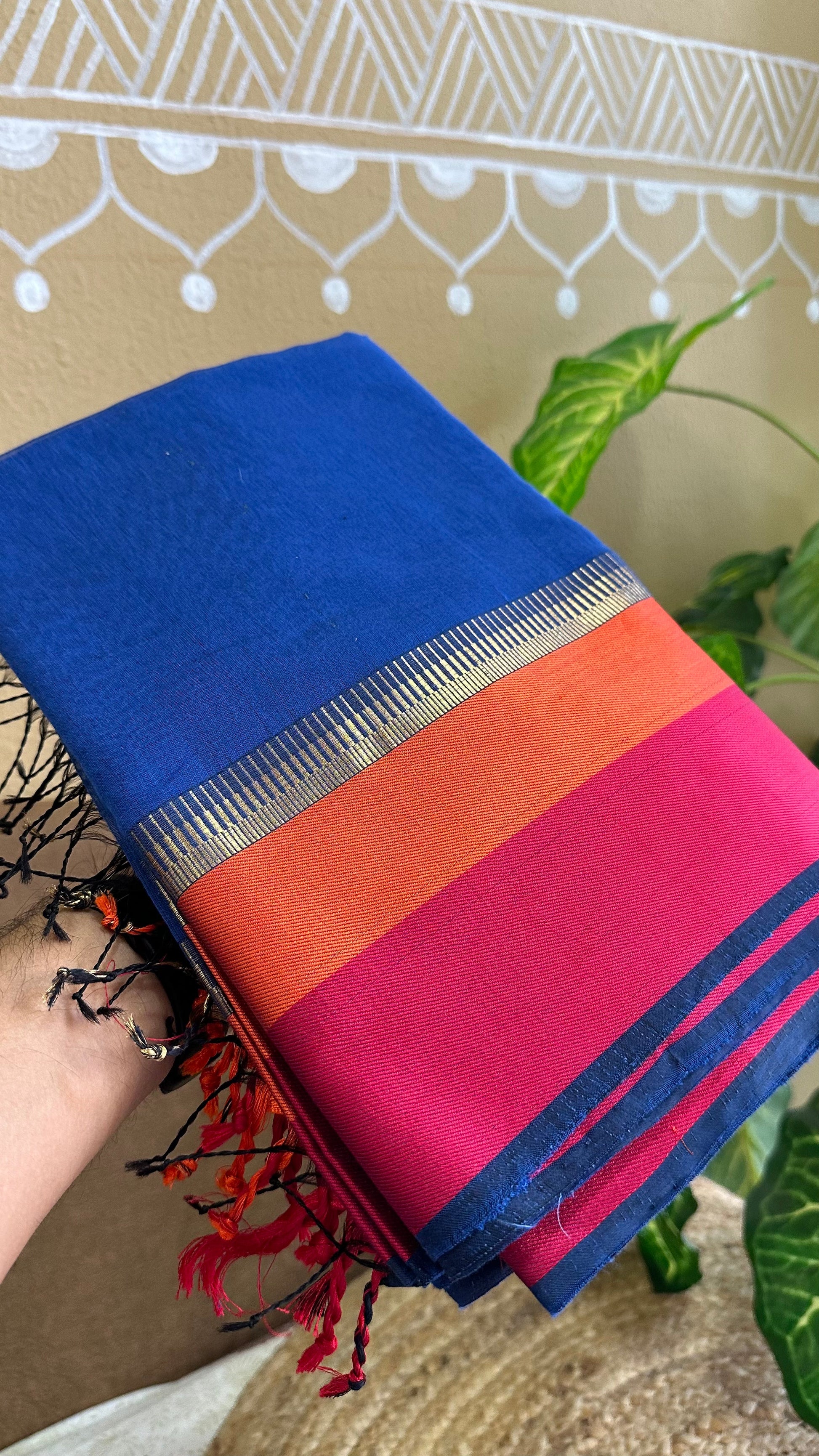 Maheshwari Royal Blue Multicolor Border Saree