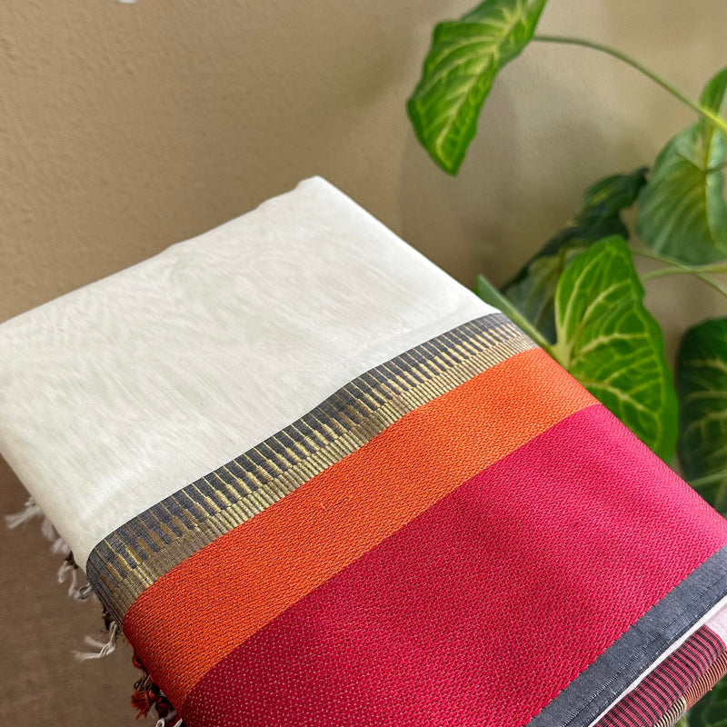 Maheshwari White Multicolor Border Saree