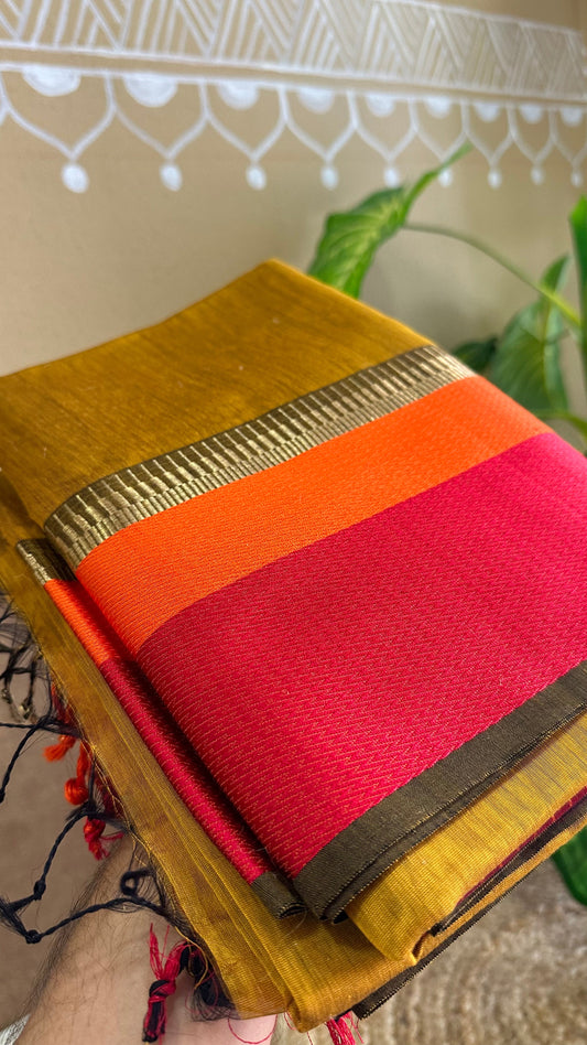Maheshwari Mustard Yellow Multicolor Border Saree