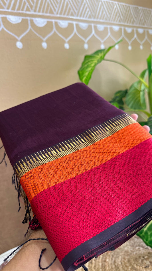 Maheshwari Wine Multicolor Border Saree