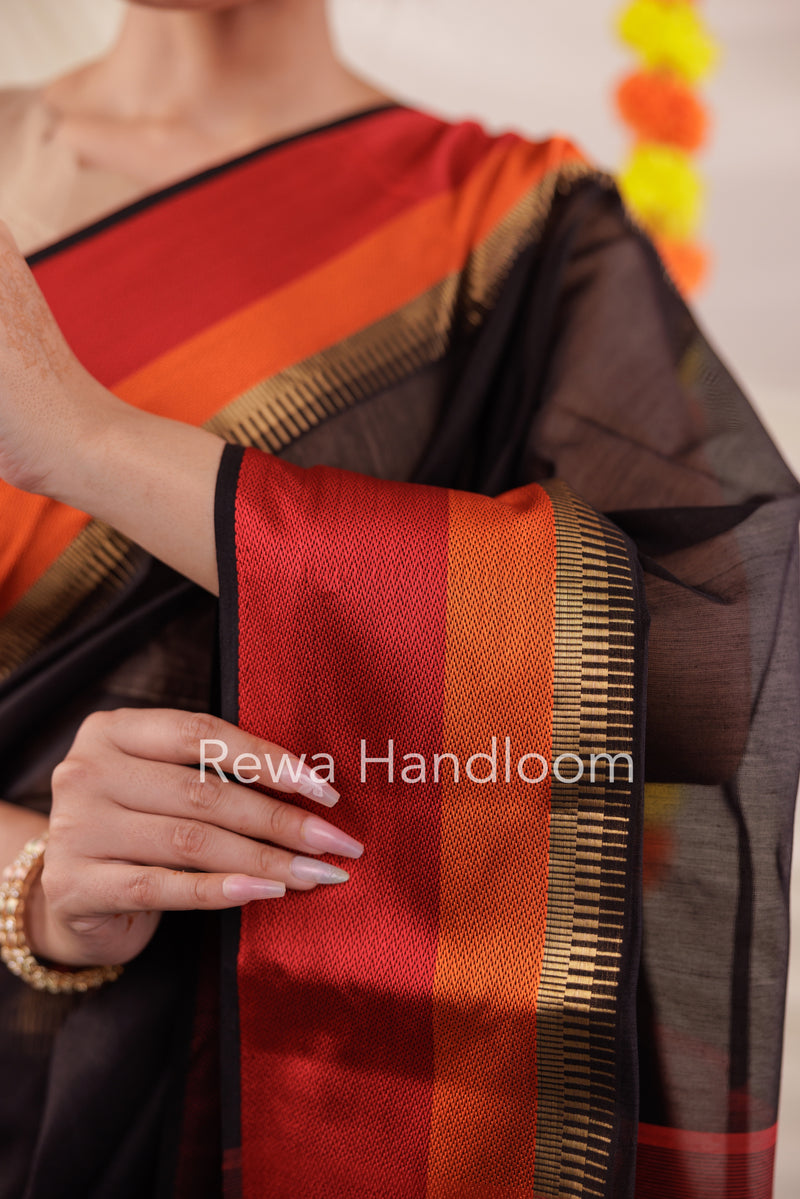 Maheshwari Black Multicolor Border Saree MB00502