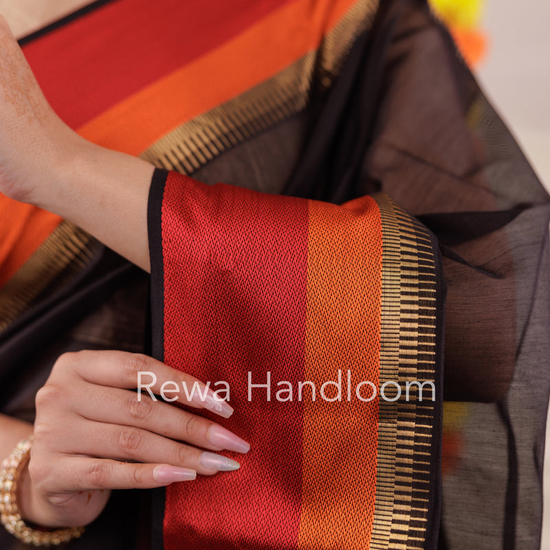 Maheshwari Black Multicolor Border Saree MB00502