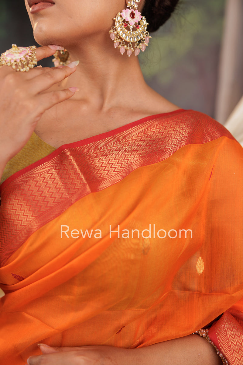 Maheshwari Orange Zari Butti Saree PTB0143
