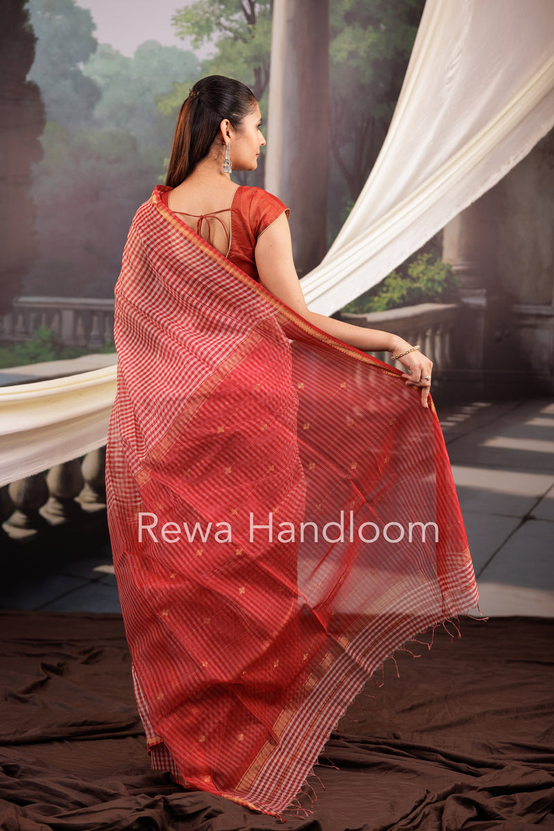 Exclusive Maheshwari Red Checks Saree CLBS08 Rewa Handloom