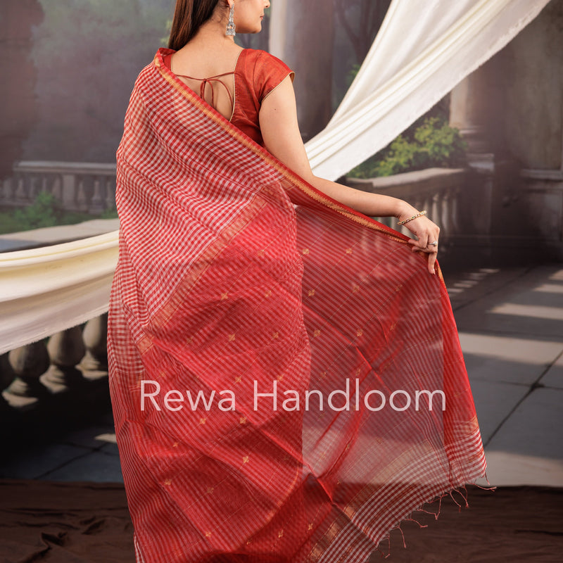 Exclusive Maheshwari Red Checks Saree CLBS08 Rewa Handloom