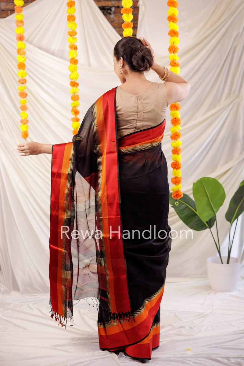 Maheshwari Black Multicolor Border Saree MB00502