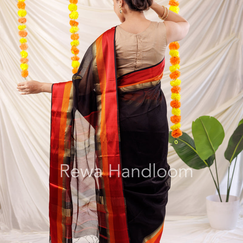 Maheshwari Black Multicolor Border Saree MB00502