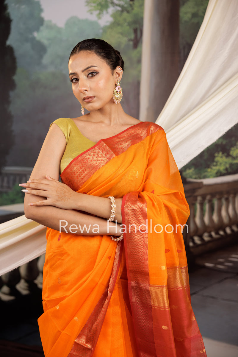 Maheshwari Orange Zari Butti Saree PTB0143