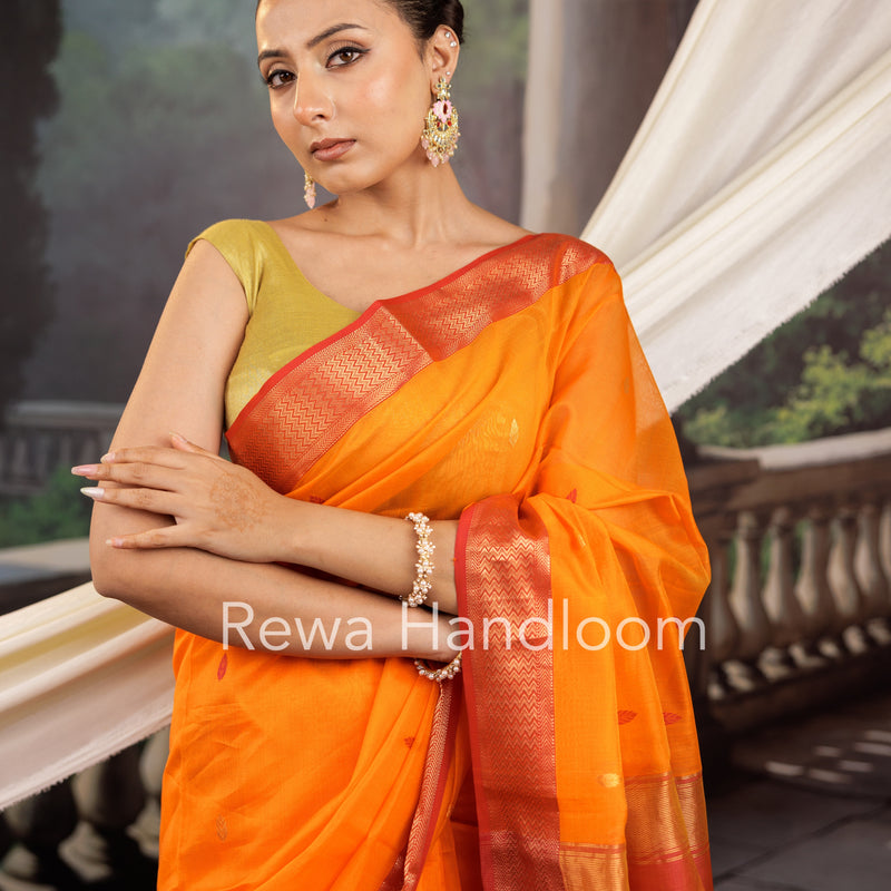 Maheshwari Orange Zari Butti Saree PTB0143