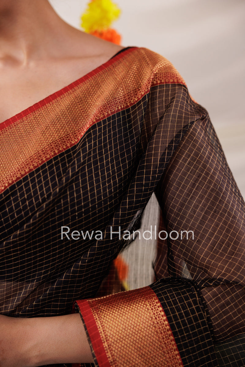 Maheshwari Black Zari Checks Saree ZCHX026 Rewa Handloom
