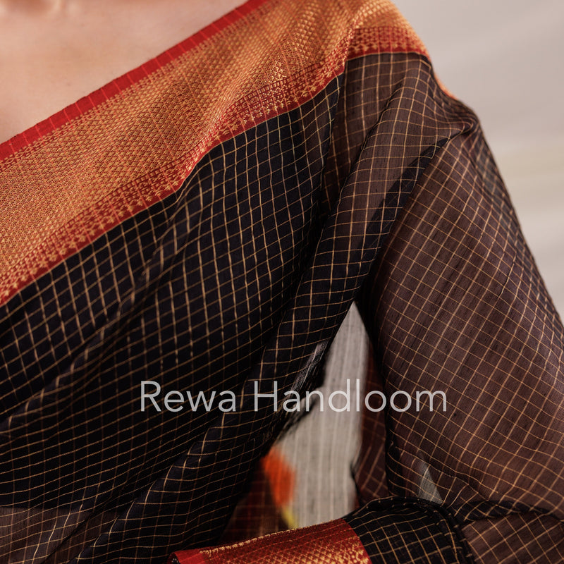Maheshwari Black Zari Checks Saree ZCHX026 Rewa Handloom