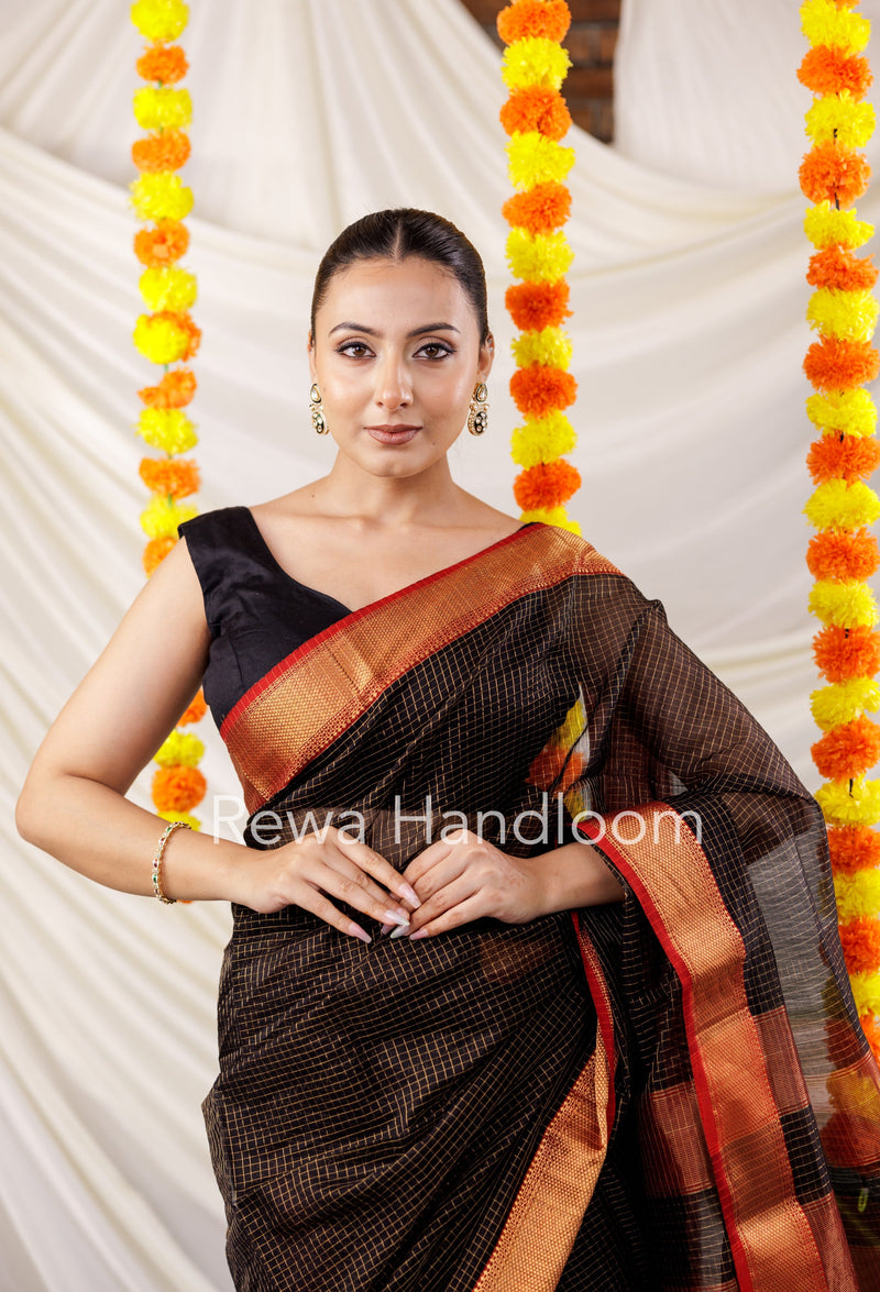 Maheshwari Black Zari Checks Saree ZCHX026 Rewa Handloom