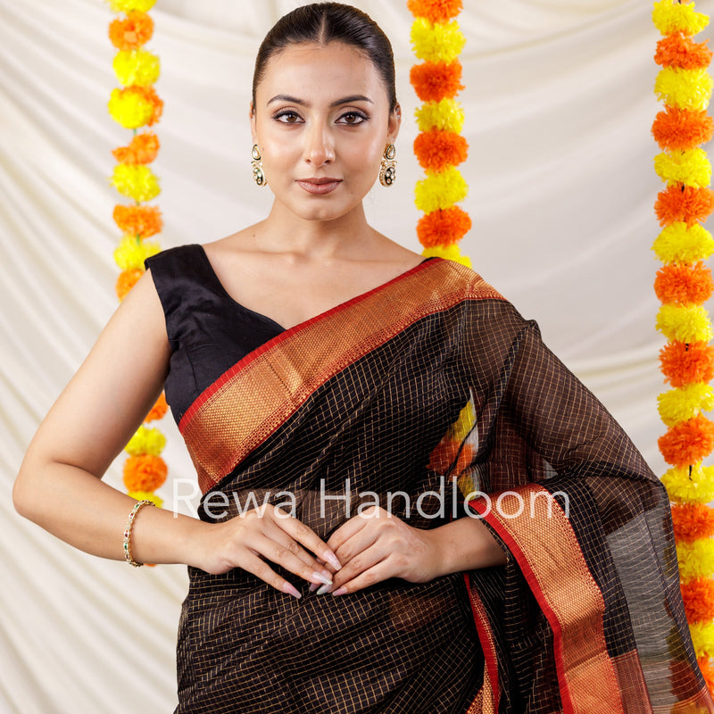 Maheshwari Black Zari Checks Saree ZCHX026 Rewa Handloom