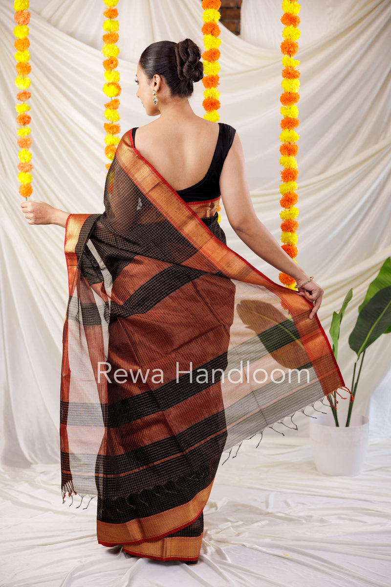 Maheshwari Black Zari Checks Saree ZCHX026 Rewa Handloom
