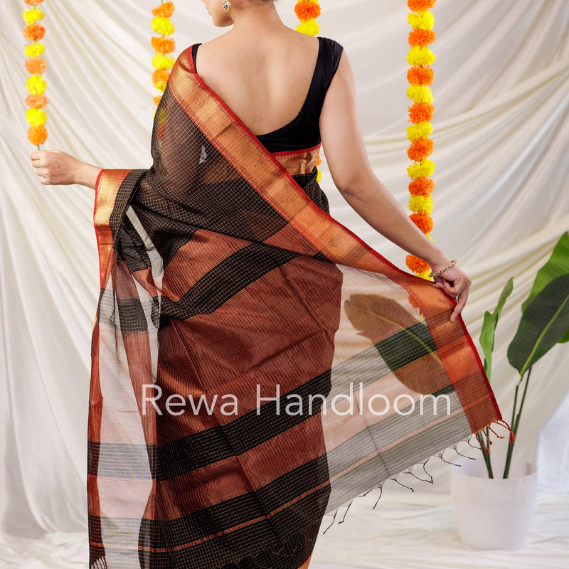 Maheshwari Black Zari Checks Saree ZCHX026 Rewa Handloom