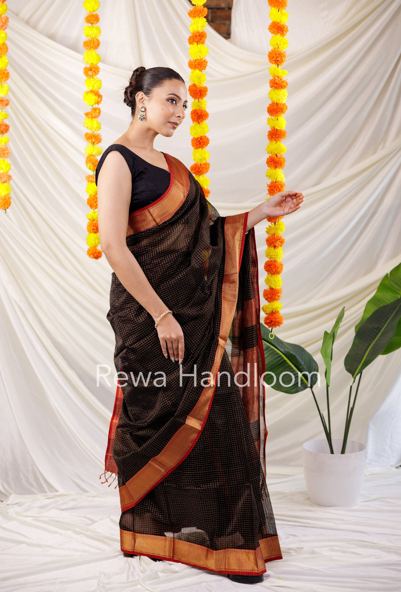 Maheshwari Black Zari Checks Saree ZCHX026 Rewa Handloom