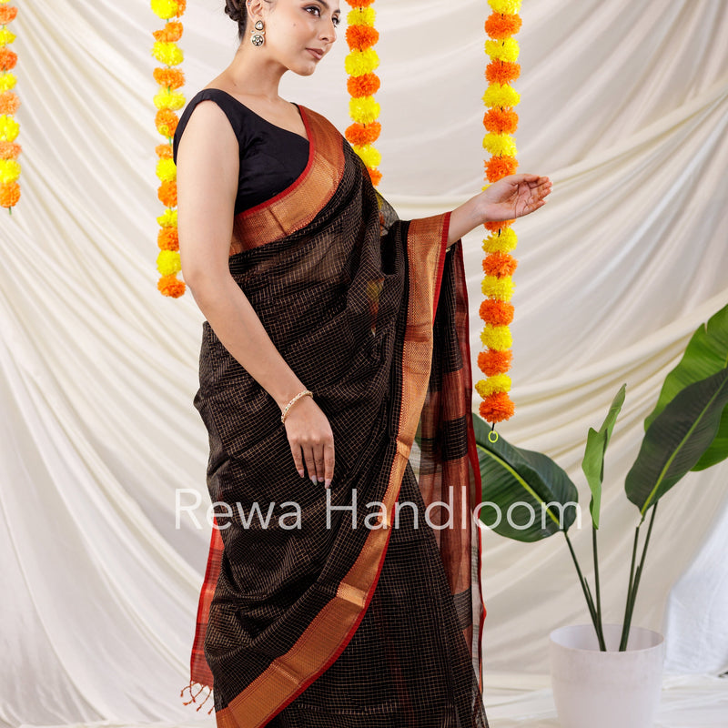 Maheshwari Black Zari Checks Saree ZCHX026 Rewa Handloom
