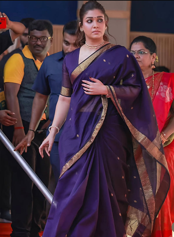 Famous Nayanthara Blue Zari Butti Maheshwari Saree DBS09