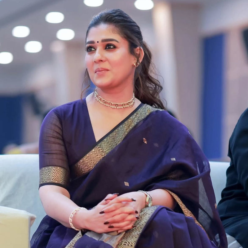 Famous Nayanthara Blue Zari Butti Maheshwari Saree DBS09