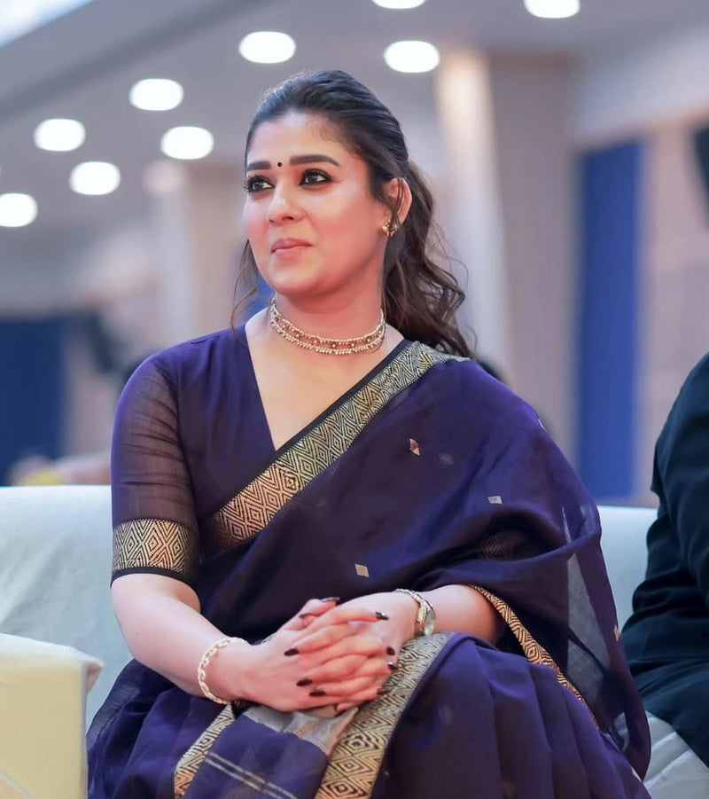 Famous Nayanthara Blue Zari Butti Maheshwari Saree DBS09