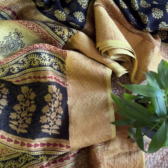 Maheshwari Black - Yellow Bagh Print Saree
