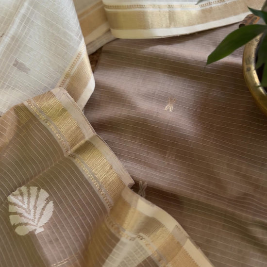 Maheshwari Beige - White Katan Motifs Top Dupatta Sets