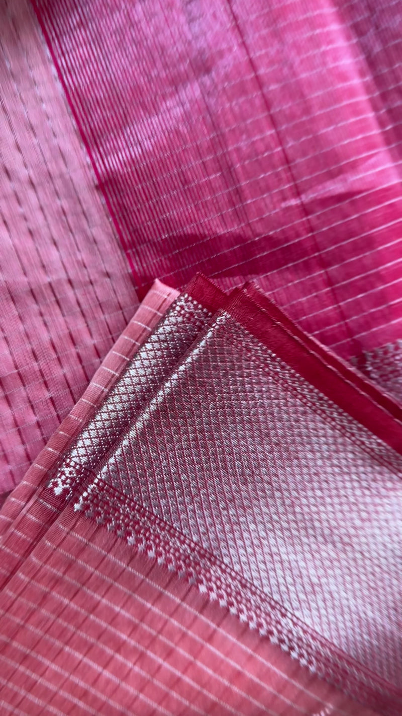 Maheshwari Peach ~ Silver Zari Checkered Silk Saree