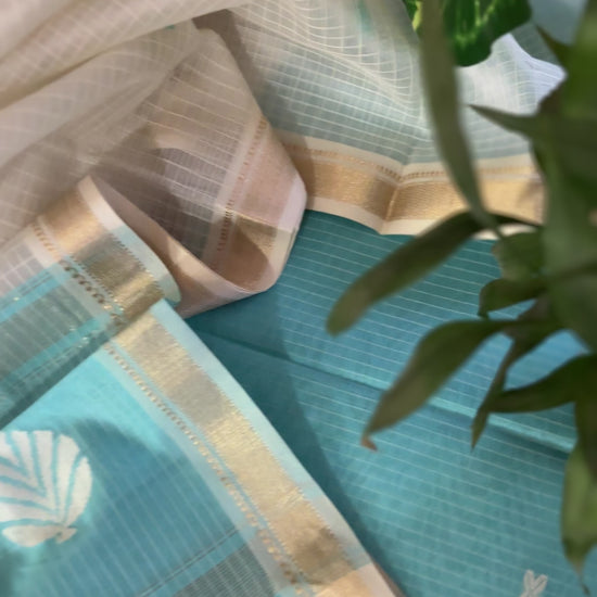 Maheshwari Sky Blue - White Katan Motifs Top Dupatta Sets