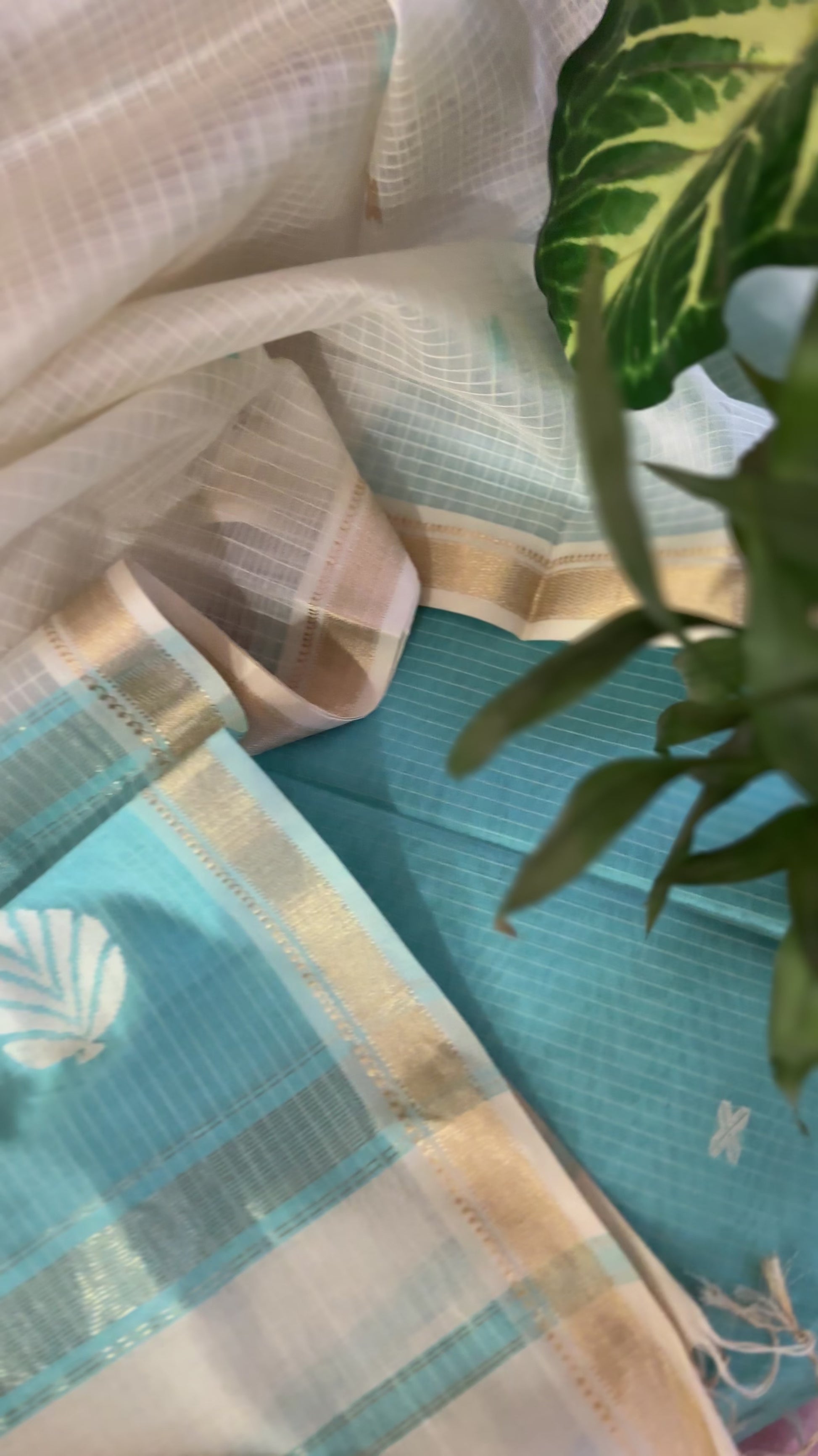 Maheshwari Sky Blue - White Katan Motifs Top Dupatta Sets