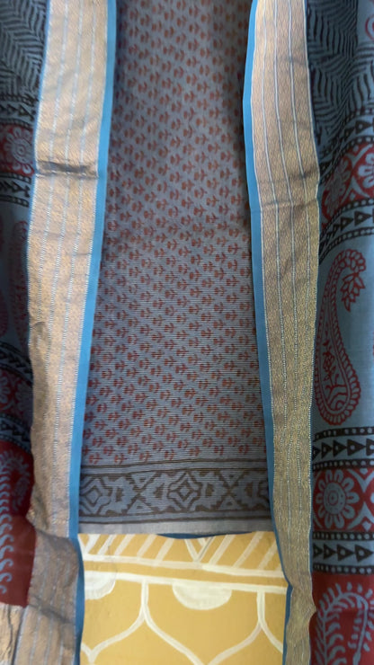 Maheshwari Tissue Blue Red Bagh Print Suit