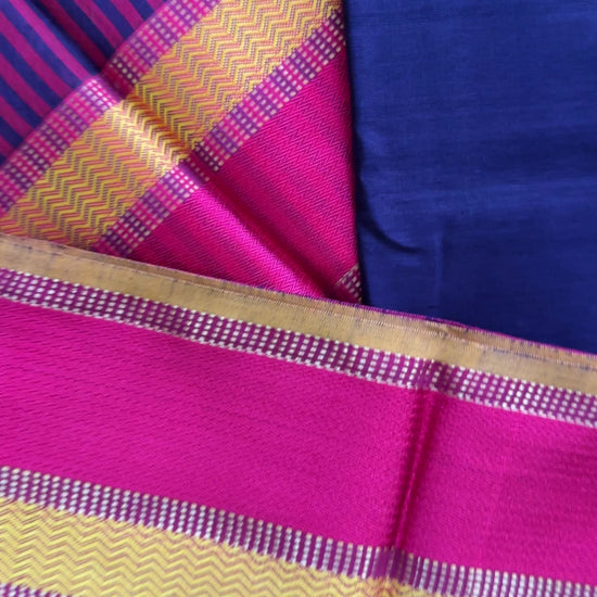 Maheshwari Navy Blue Ganga Jamuna Rewa Border Saree GJD065