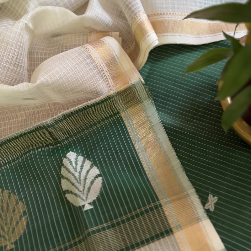 Maheshwari Teal Green - White Katan Motifs Top Dupatta Sets
