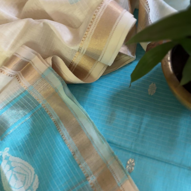 Maheshwari Sky Blue - White Motifs Top Dupatta Sets