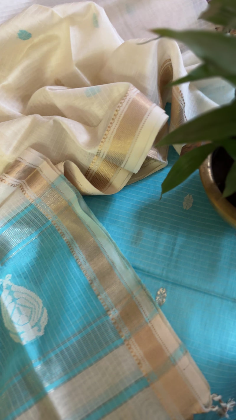 Maheshwari Sky Blue - White Motifs Top Dupatta Sets