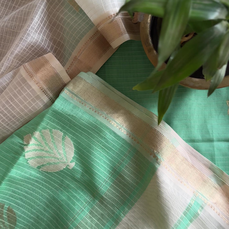 Maheshwari Sea Green-White Katan Motifs Top Dupatta Sets KBS023