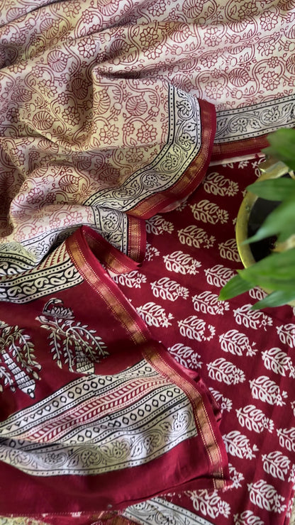 Maheshwari Red White Bagh Print Suit