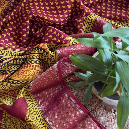 Maheshwari Yellow - Red Bagh Print Saree
