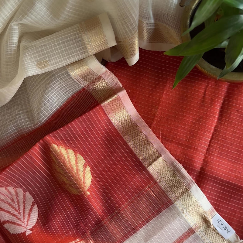 Maheshwari Orange - White Katan Motifs Top Dupatta Sets