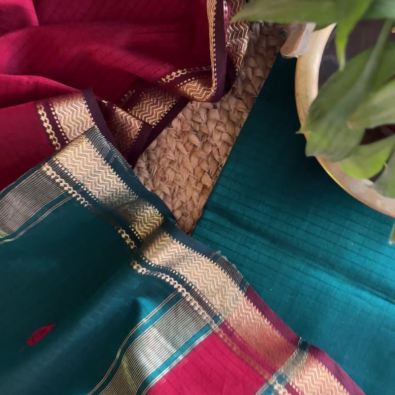 Maheshwari German Blue & Red Motifs Top Dupatta Sets