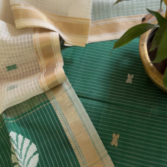 Maheshwari Rama Green - White Katan Motifs Top Dupatta Sets