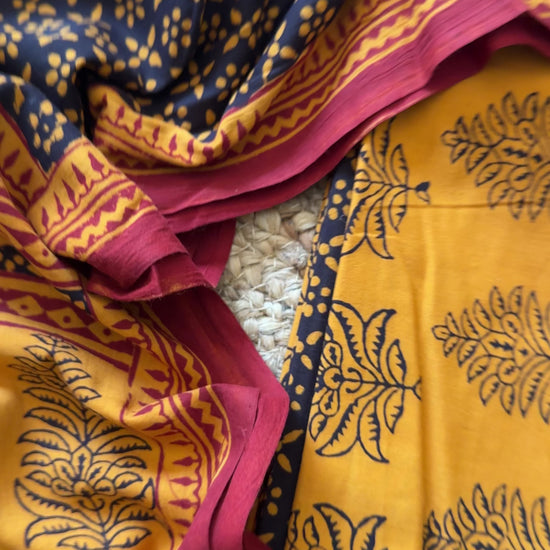Yellow-Black Bagh Print Cotton Suit-BCS05