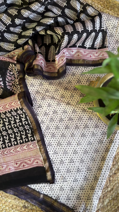 Maheshwari White Black Mustard Bagh Print Suit
