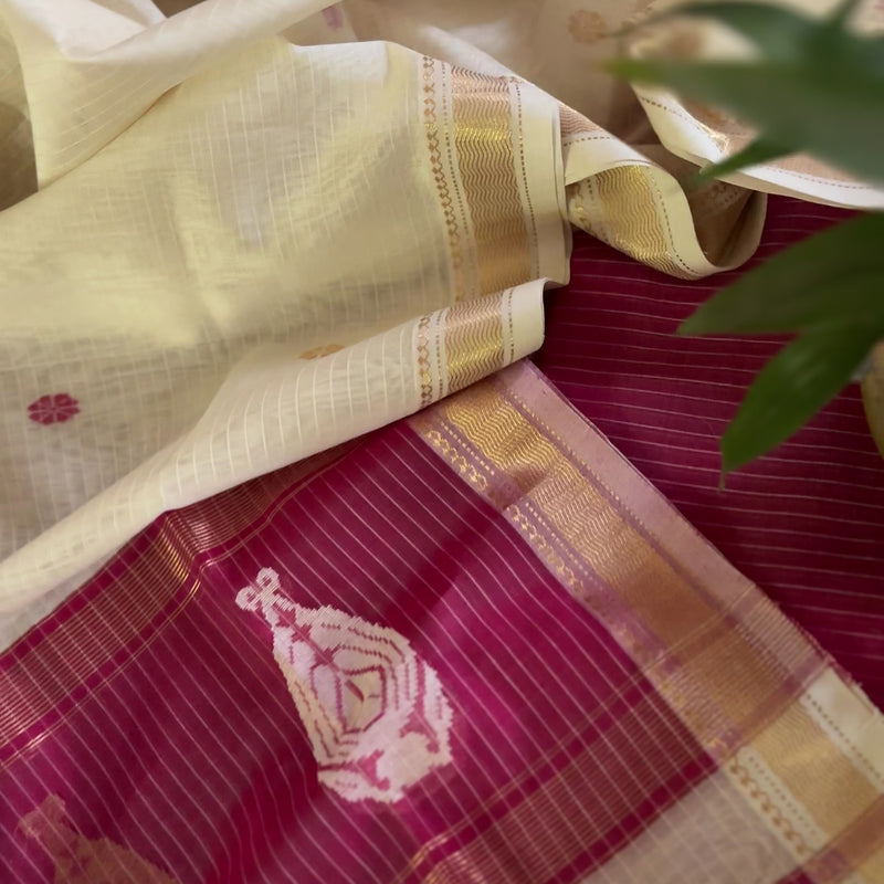 Maheshwari Hot Pink - White Motifs Top Dupatta Sets