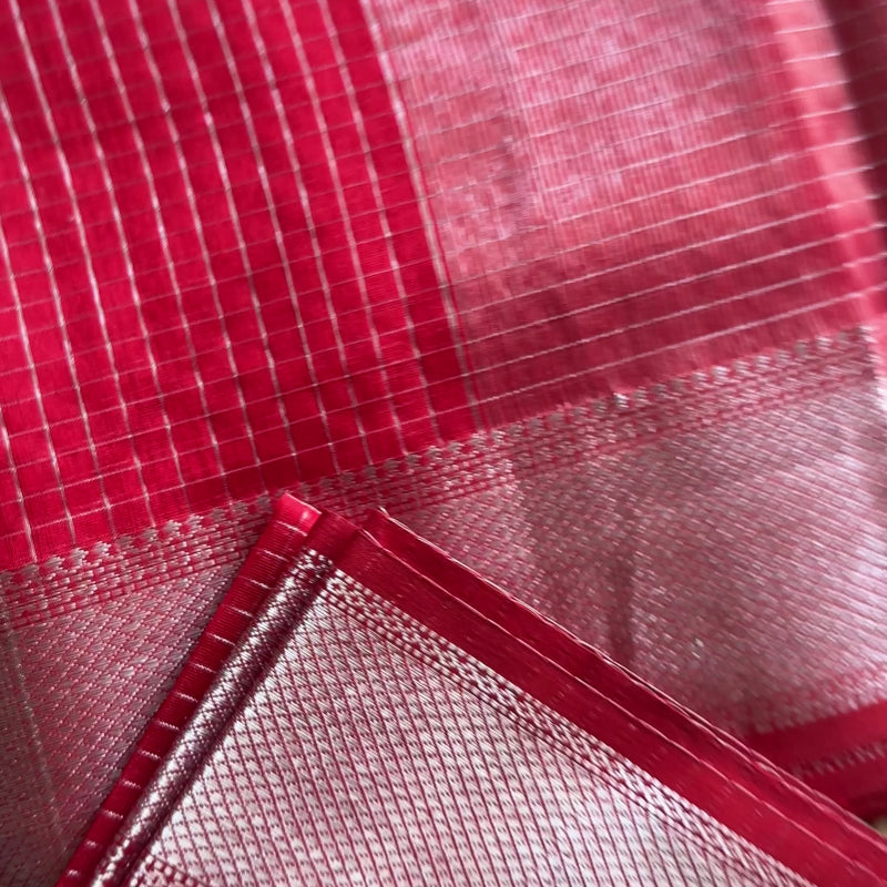 Maheshwari Red ~ Silver Zari Checkered Silk Saree