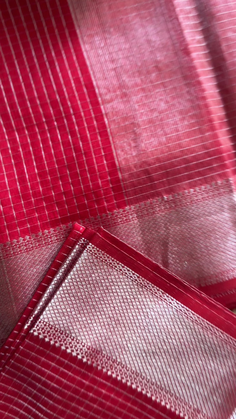Maheshwari Red ~ Silver Zari Checkered Silk Saree