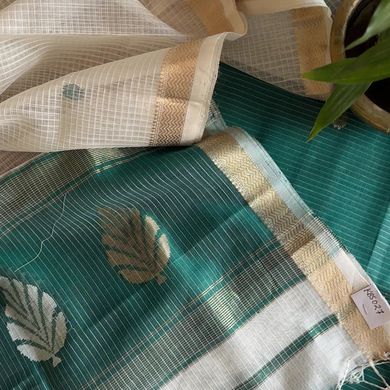 Maheshwari Teal Green - White Katan Motifs Top Dupatta Sets