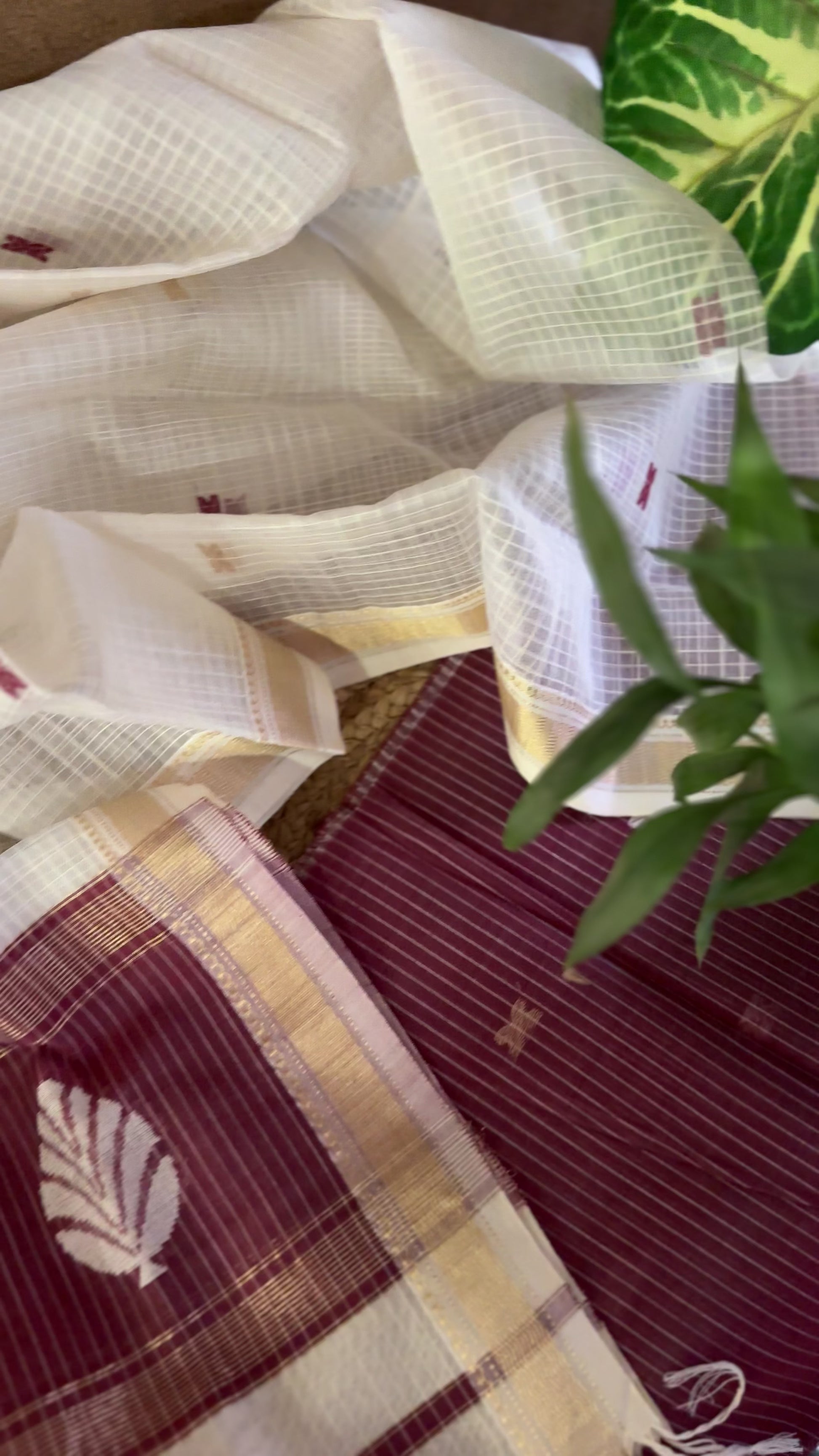 Maheshwari Cherry - White Katan Motifs Top Dupatta Sets